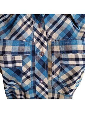 Small Womens Vintage Shirt 70's Blue Plaid Blouse Shirt Boho Hippie Distress